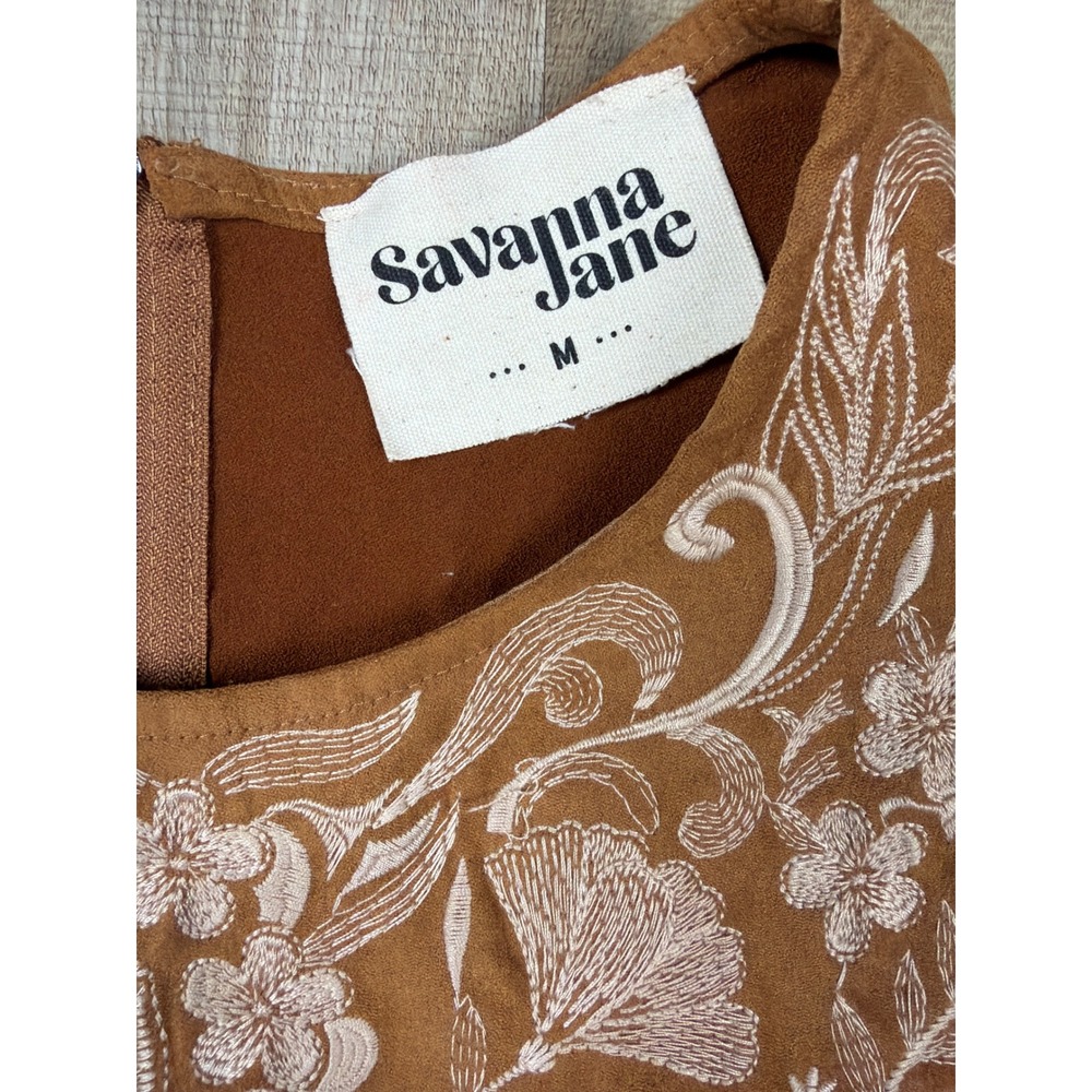 Savanna Jane Brown Faux Suede Embroidered Floral Mini Dress Sleeveless Medium - Picture 3 of 7